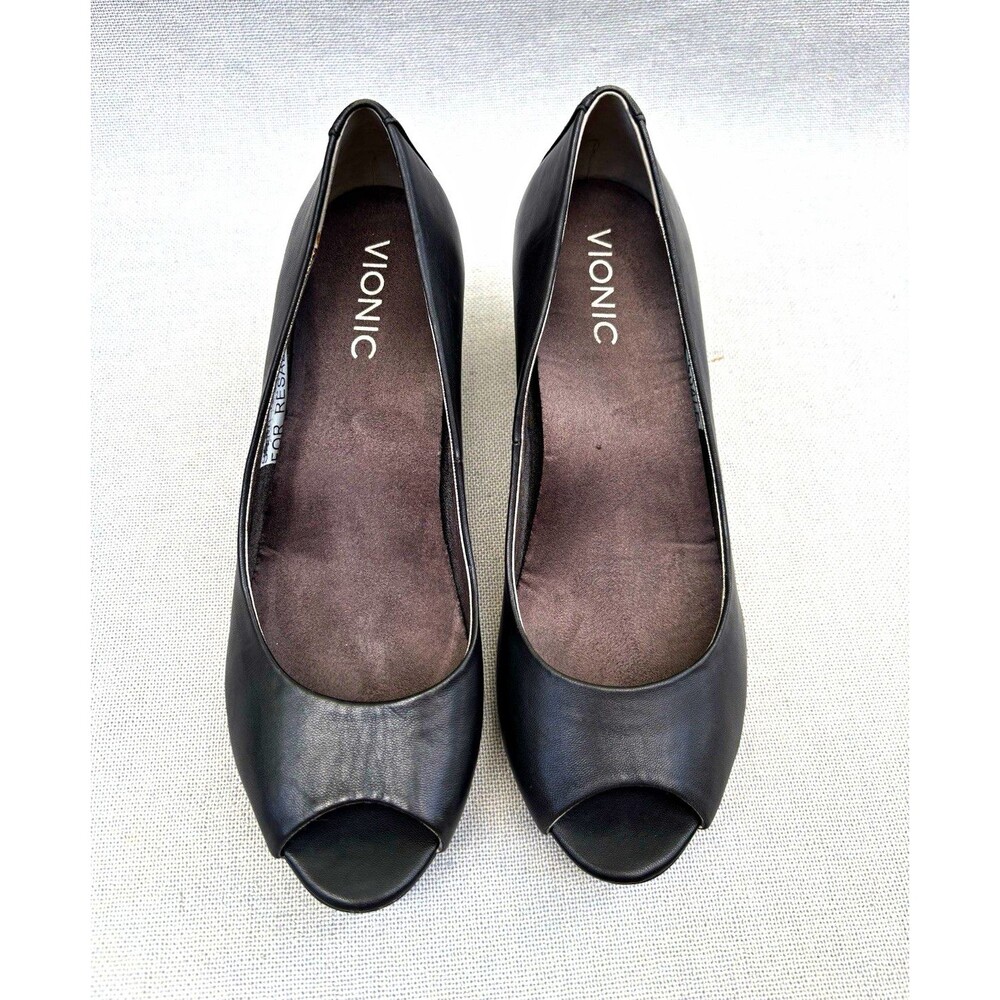 Vionic Womens 7 Black Faux Leather Wedge Pumps Peep Toe Slip On Solid
